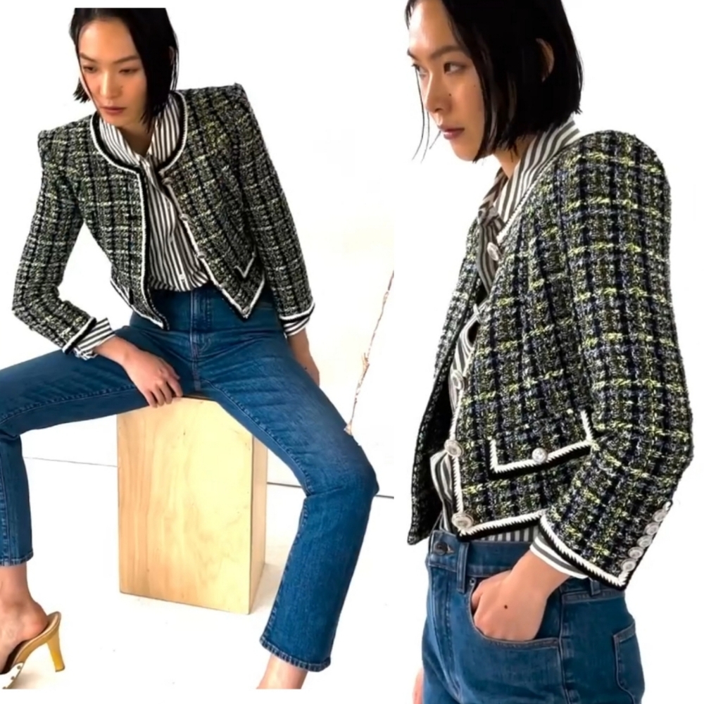 Veronica Beard Ceres Tweed Jacket in Navy Chartreuse size 6 - Picture 4 of 14